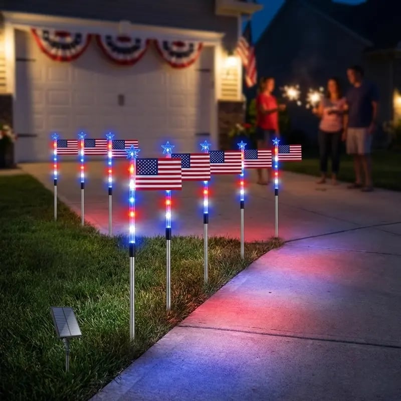🔥8 Solar American Flag Pathway Lights – Red, White & Blue Yard Glow for 250th Independence Celebration 🇺🇸✨